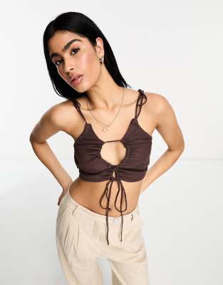 Asos Design Ruched Keyhole Strappy Crop Top With Tie Shoulder Detail In Chocolate-brown