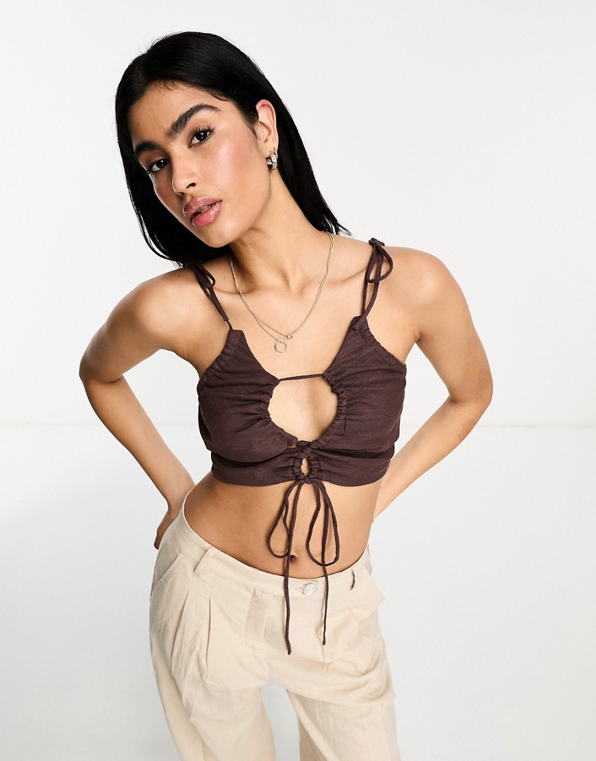 ASOS DESIGN ruched keyhole strappy crop top with tie shoulder detail in chocolate-Brown