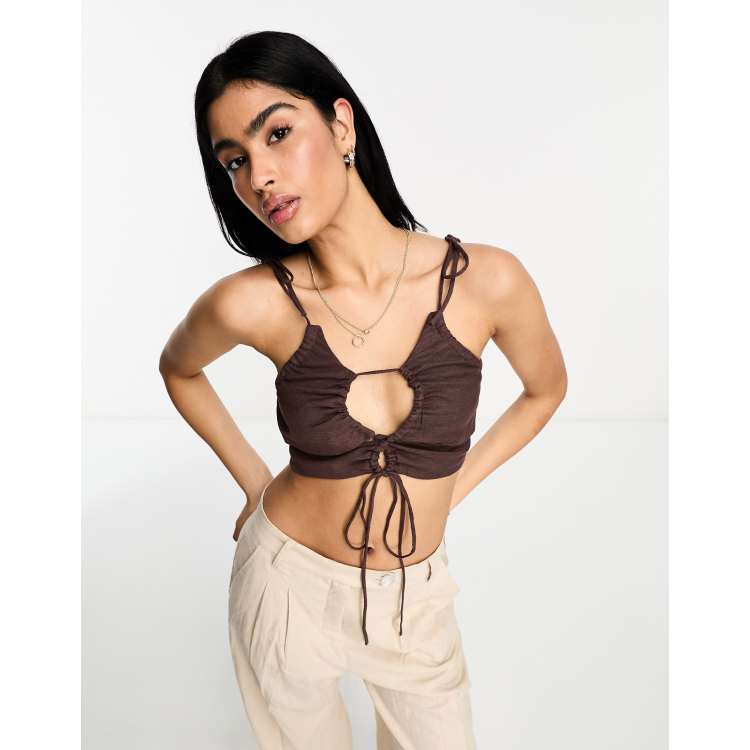 ASOS DESIGN ruched keyhole strappy crop top with tie shoulder detail in  chocolate