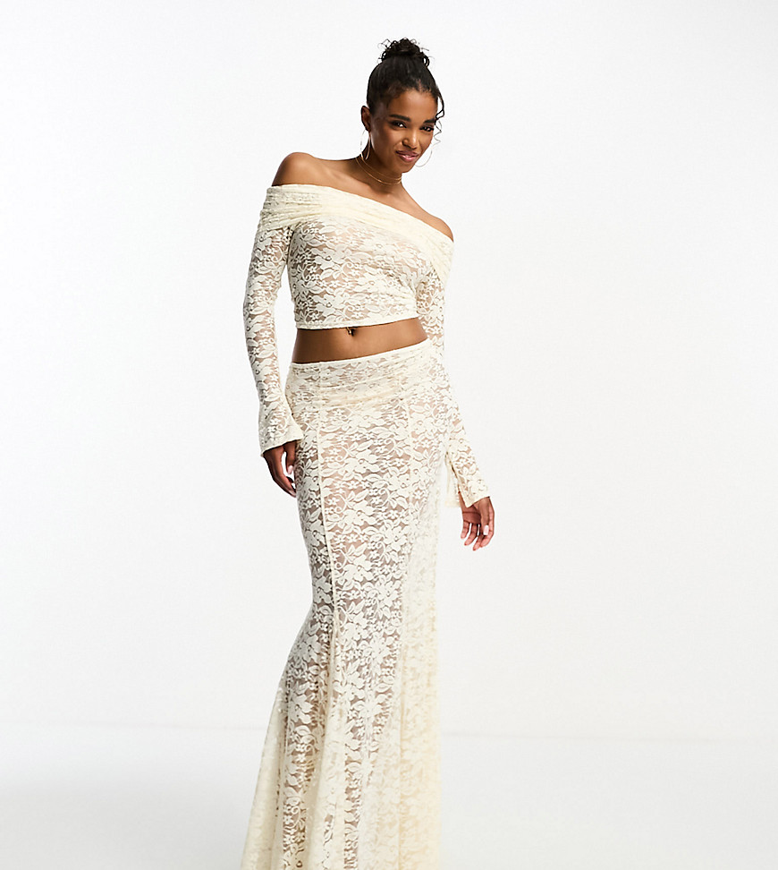ASOS DESIGN ruched lace off the shoulder top co ord in antique ivory-White