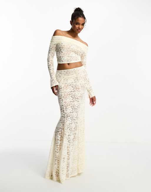 ASOS DESIGN ruched lace off the shoulder top co ord in antique ivory