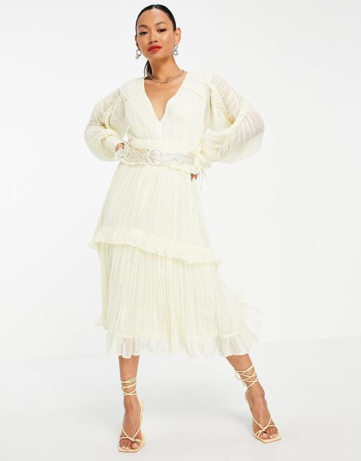 ASOS DESIGN Ruched layered midi dress with macrame belt in cream