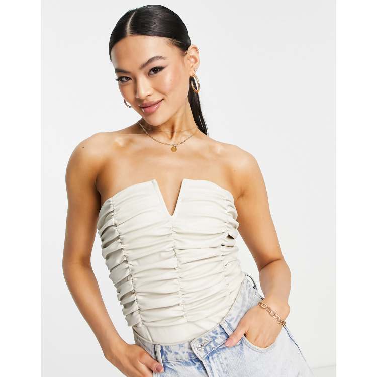 Miss Selfridge ruched detail mesh bandeau corset in cream