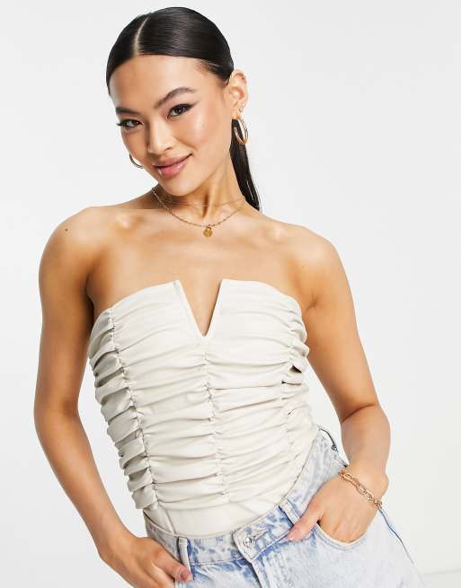 Ivory Tie Strap Bodysuit - Ruched Bust Bodysuit - White Corset