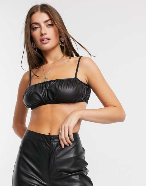 ASOS DESIGN leather look ruched shoulder high neck tank top in