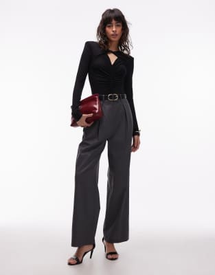 Asos Design Ruched Long Sleeve Bodysuit With Shoulder Pads In Black