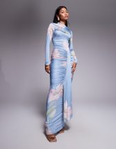 ASOS DESIGN mesh long sleeve frill detail a line maxi dress in pink floral print