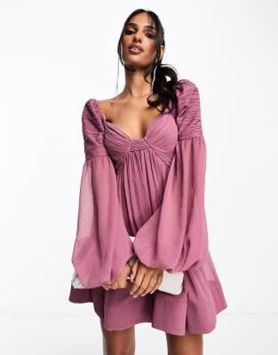 ASOS DESIGN ruched long sleeve mini babydoll dress in purple