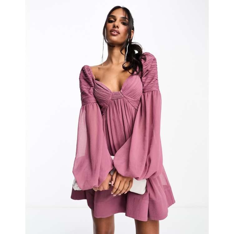 ASOS Ruched Long Sleeve Mini Babydoll Dress