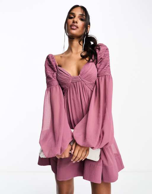 ASOS Ruched Square Neck Mini Dress With Puff Sleeves in Purple