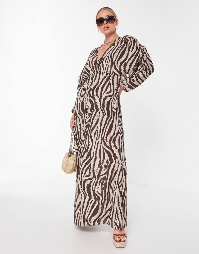 ASOS DESIGN ruched long sleeve plunge crinkle beach maxi dress in animal print