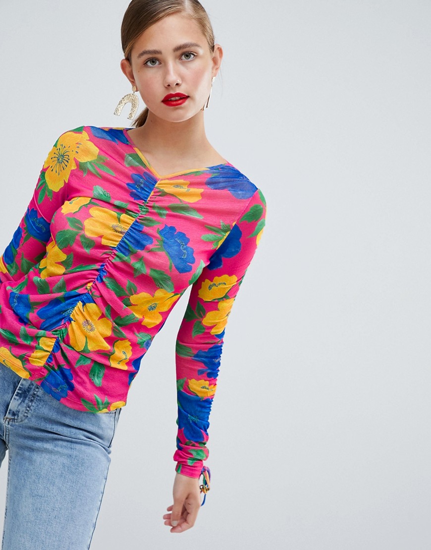 ASOS DESIGN Ruched Long Sleeve Top In Bright Floral Print-Multi