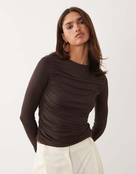 ASOS DESIGN ruched long sleeve top in chocolate - view 1