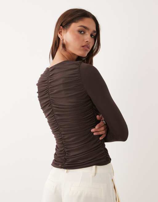 ASOS DESIGN ruched long sleeve top in chocolate, 2 of 4