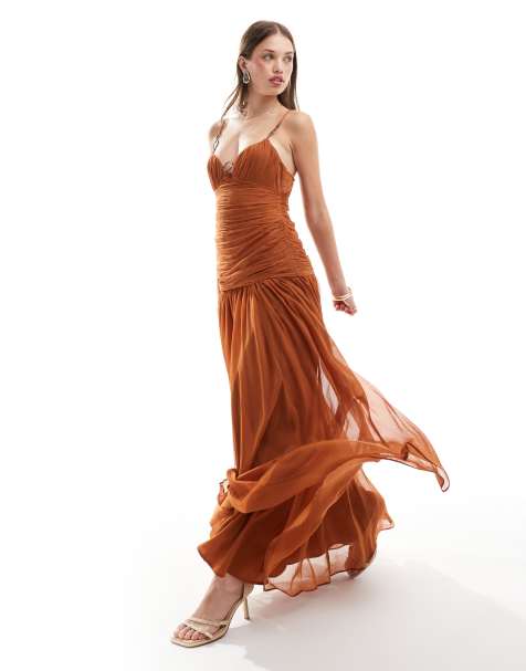 ASOS DESIGN ruched maxi dress with gold hardware in brown