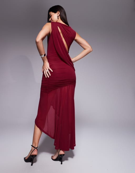 ASOS DESIGN ruched maxi dress with hi lo hem in burgundy, 2 of 4