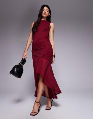 Asos Design Ruched Maxi Dress With High Low Hem In Burgundy