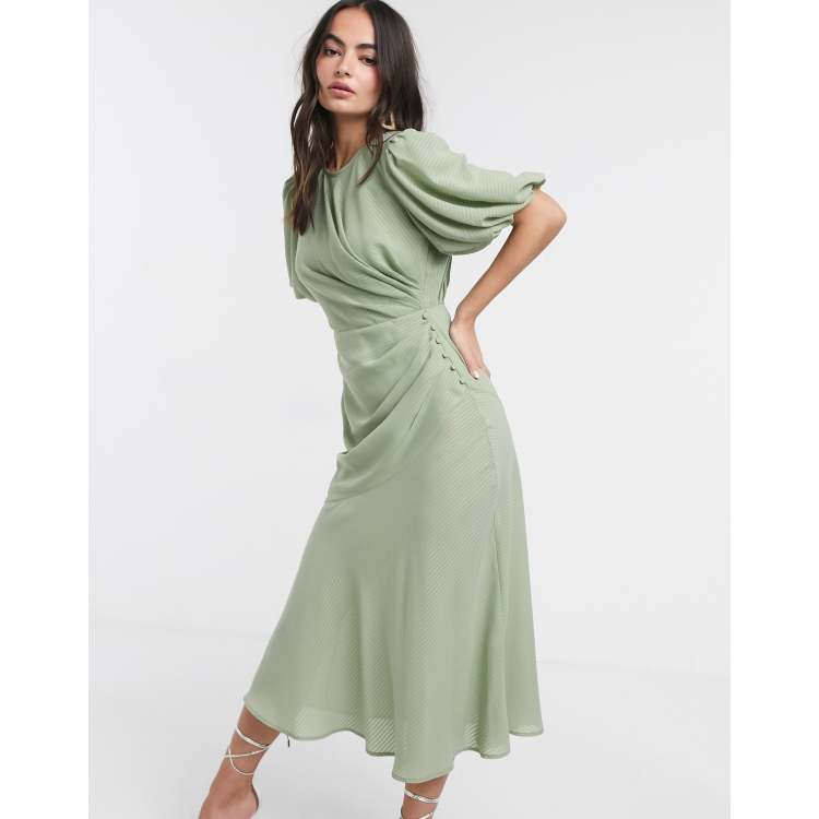 ASOS DESIGN ruched maxi dress with puff sleeve in self check in sage green  | ASOS