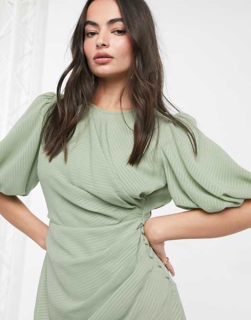 ASOS DESIGN ruched maxi dress with puff sleeve in self check in sage green