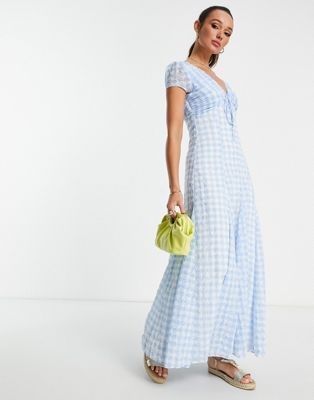 ASOS DESIGN ruched maxi dress with tie detail in gingham embroidered