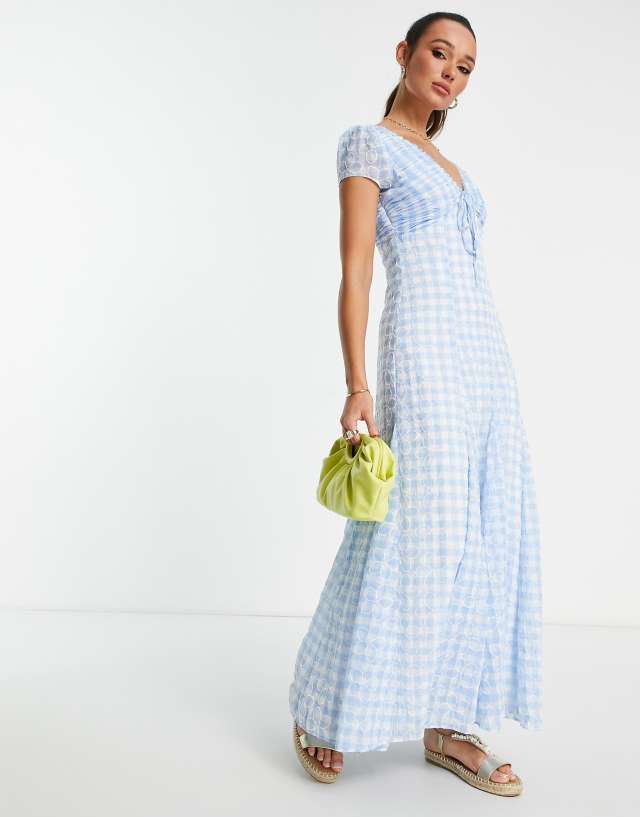 ASOS DESIGN ruched maxi dress with tie detail in gingham embroidered