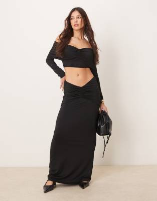 Asos Design Ruched Maxi Skirt Mesh With Gathered V Waist In Black