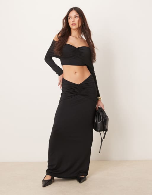 ASOS DESIGN ruched maxi skirt mesh with gathered v waist in black - part of a set