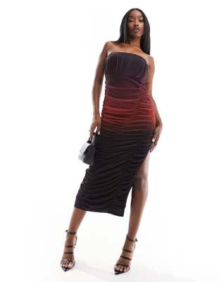 Asos Design Ruched Mesh Bandeau Midi Dress In Ombre Smudge Print-multi