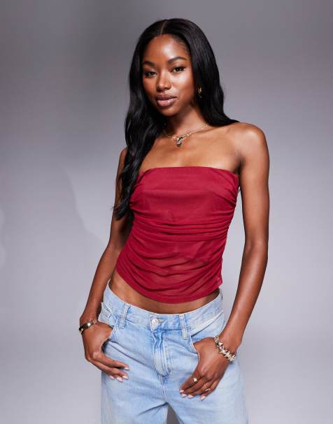 ASOS DESIGN ruched mesh bandeau top in burgundy - view 1