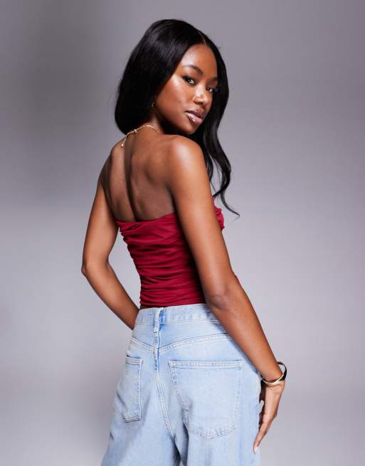ASOS DESIGN ruched mesh bandeau top in burgundy, 2 of 4