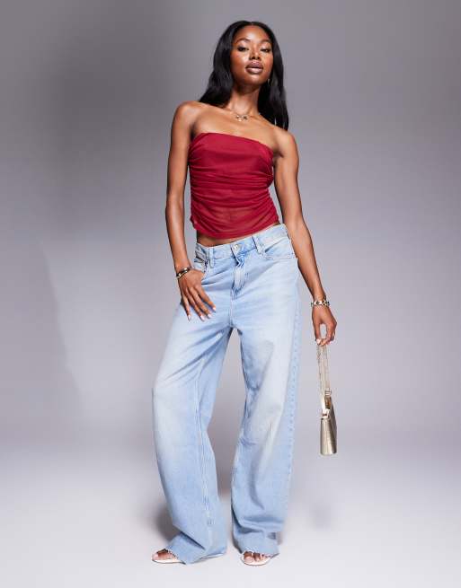 ASOS DESIGN ruched mesh bandeau top in burgundy, 3 of 4