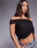 [ASOS DESIGN] ASOS DESIGN ruched mesh bardot top with tie detail in black XS Black