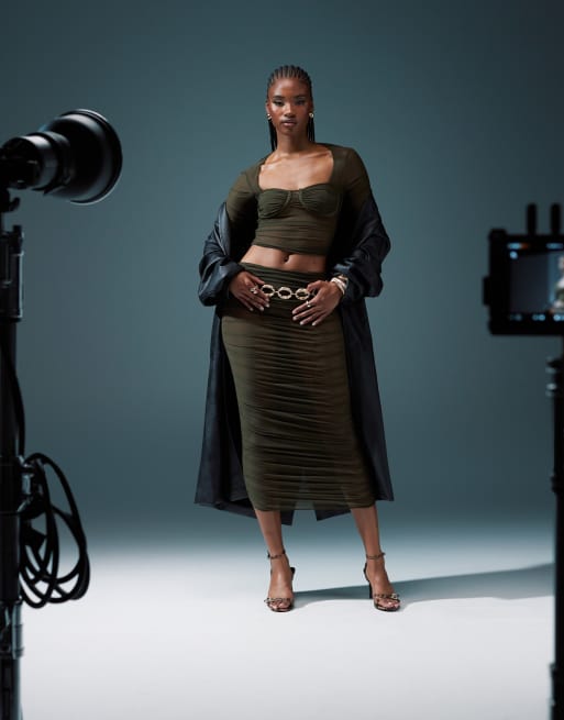 ASOS DESIGN ruched mesh bust cup top and midi skirt set in khaki