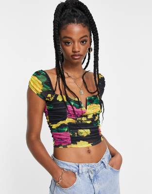 ASOS DESIGN ruched mesh crop top with V-bar in floral-Multi