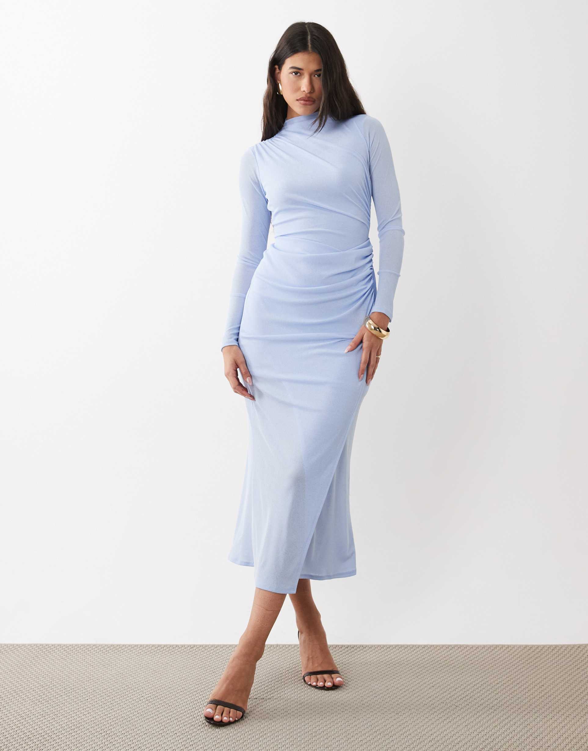 asos design ruched mesh high neck long sleeve midi dress in light blue