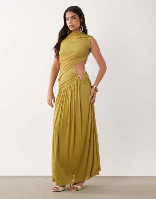 Asos Design Ruched Mesh High Neck Maxi Dress With Wire Hardware Trim In Green