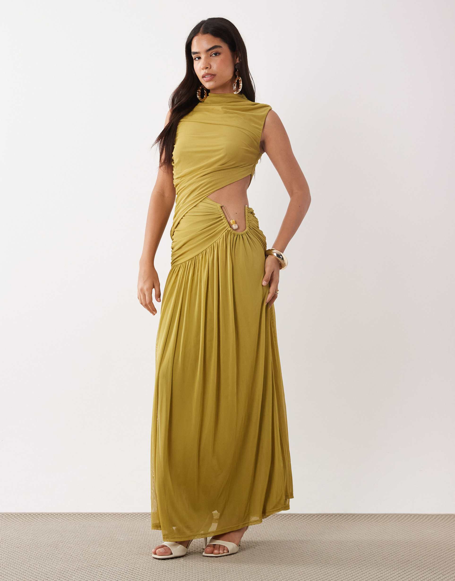 asos design ruched mesh high neck maxi dress with wire hardware trim in olive