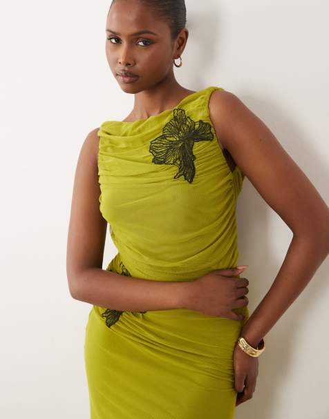 ASOS DESIGN ruched mesh maxi dress with floral applique and ruched detail in green - view 1