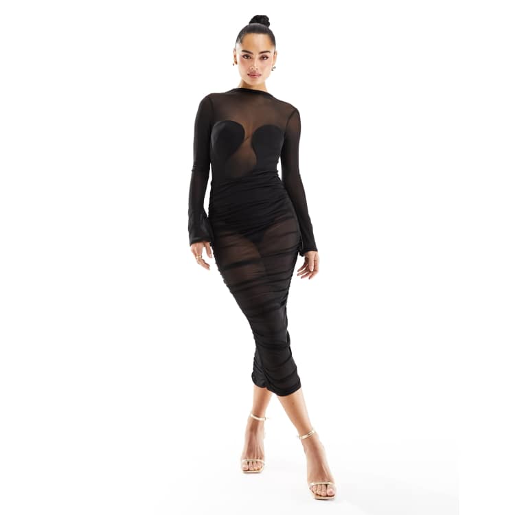 Barely There Black Sheer Mesh Bodysuit Midi Dress