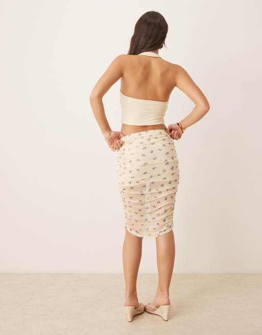 ASOS DESIGN ruched mesh over the knee skirt in yellow ditsy floral skirt, 3 of 5