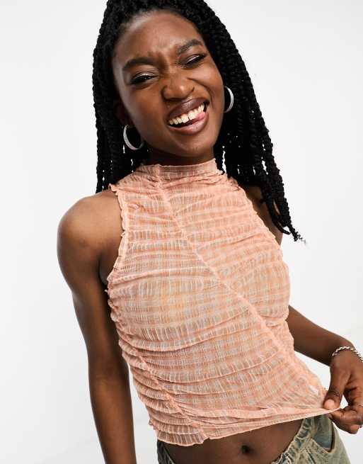 ASOS DESIGN ruched mesh printed tank in gingham 