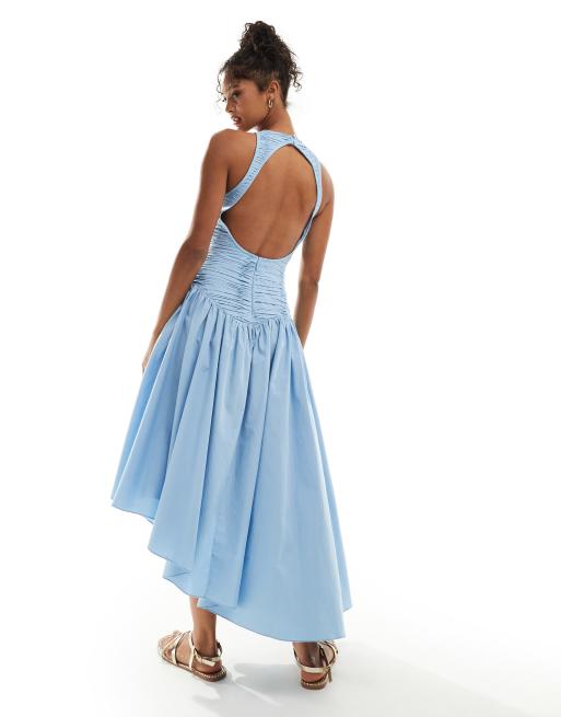 ASOS DESIGN ruched micro pleat bodice midi dress with open back in blue