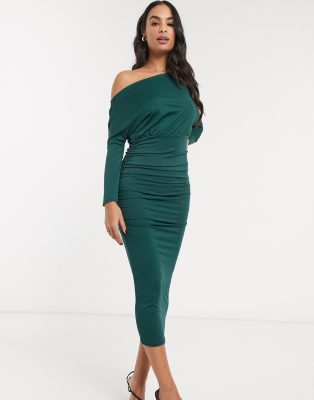 off the shoulder green midi dress