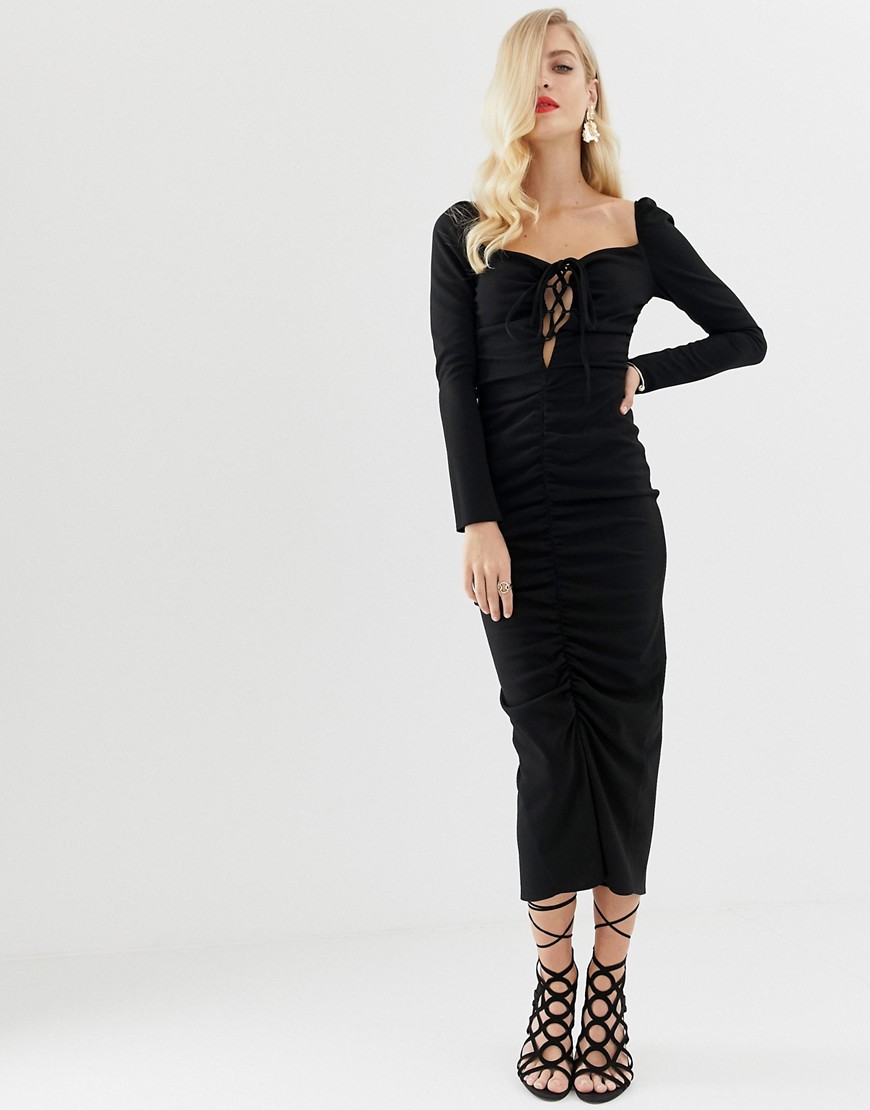 ASOS DESIGN ruched midi dress with lace up neck-Black