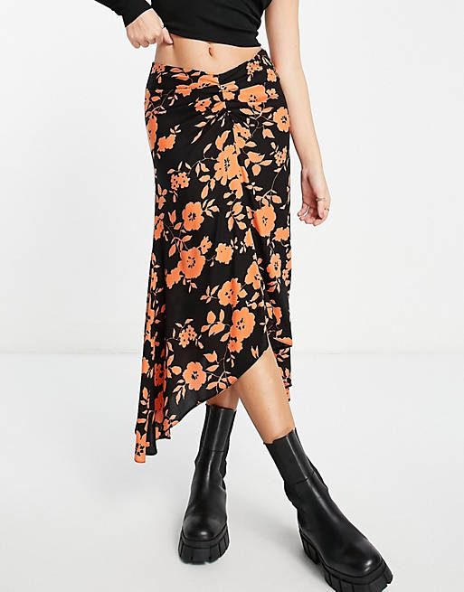 Women ruched midi skirt in pop orange floral print 