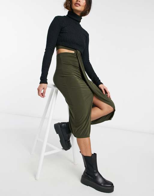 ASOS DESIGN ruched midi skirt with cut out waist detail in khaki