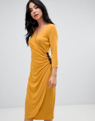 mustard midi wrap dress