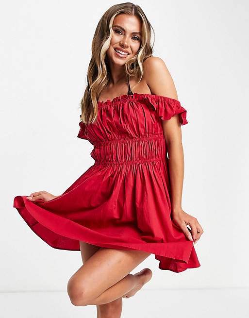 ASOS DESIGN ruched milkmaid beach dress in red