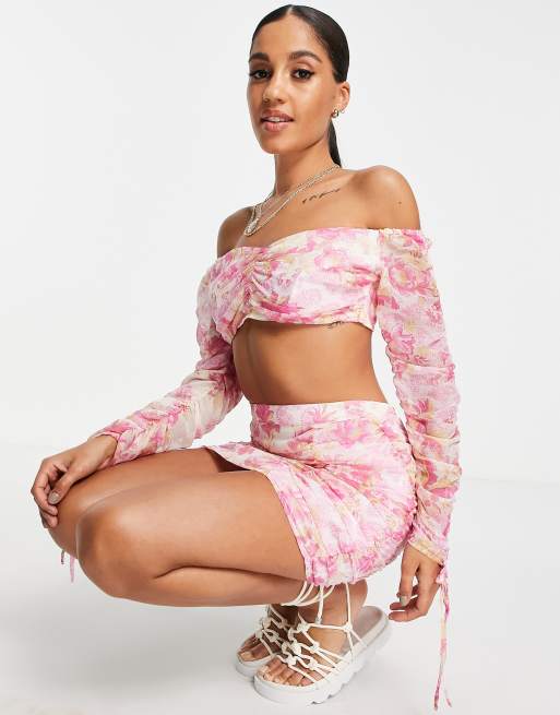 ASOS DESIGN ruched mini beach skirt co-ord in pink floral print