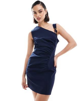 Asos Design Asymmetric Neckline Mini Dress In Navy-blue